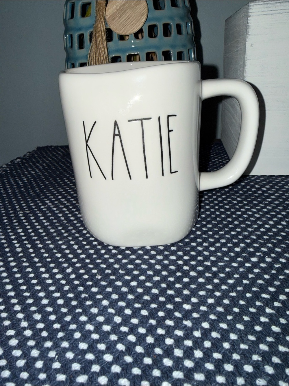 Rae Dunn White "KATIE" Ceramic Mug with Black Lettering